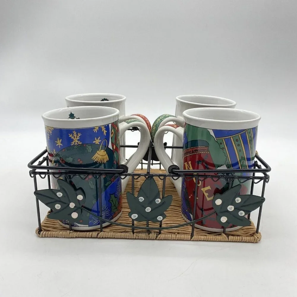 VTG 90s Christmas Porcelain Mug Set of 4 Metal Wicker Caddy‎ Holiday Festive Y2K